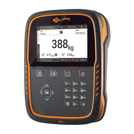 Gallagher TWR-1 electronic device with digital display on a white background