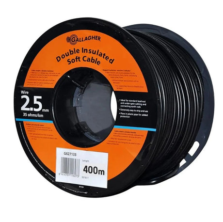 A spool of Gallagher Double Insulated Soft Cable, 2.5 mm wire, 400 meters, featuring a black spool with a prominent orange and white label.