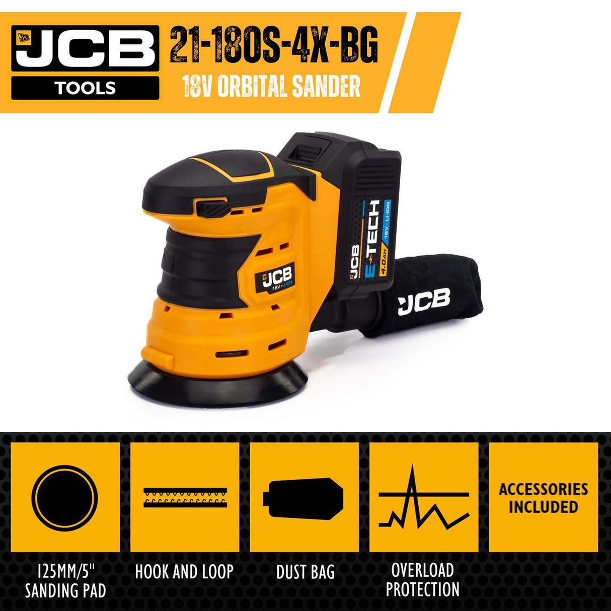 JCB 18V Orbital Sander 4.0ah Lithium-Ion Battery and charger in 20" kit bag | 21-18OS-4X-BG
