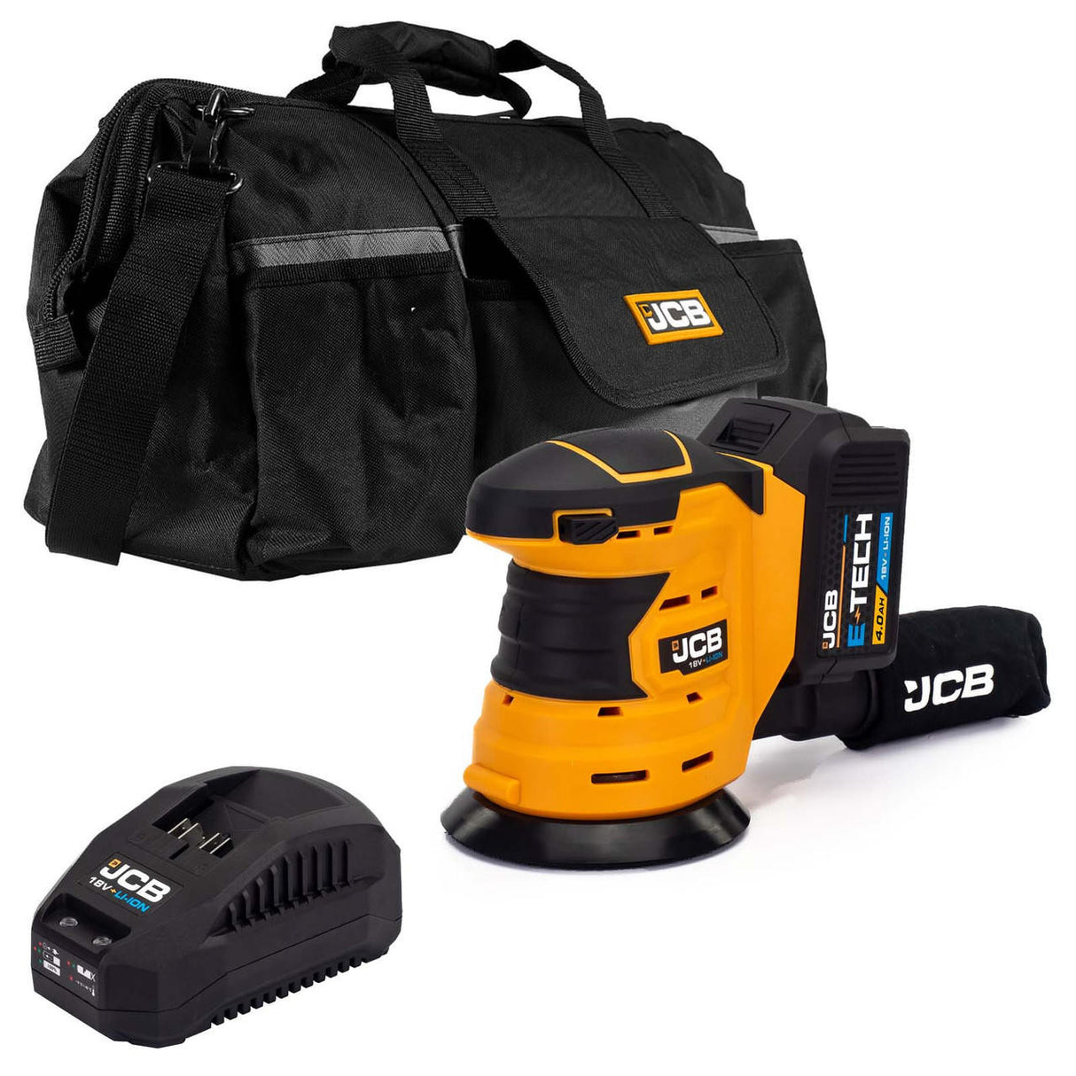 JCB 18V Orbital Sander 4.0ah Lithium-Ion Battery and charger in 20" kit bag | 21-18OS-4X-BG