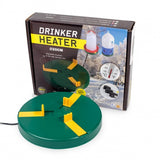 Green drinker heater with yellow accents in front of its packaging box.