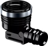 Black and silver plumbing fitting on a white background