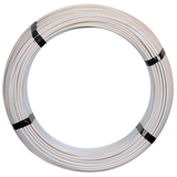 Coiled Gallagher equifence wire with black bands on a white background
