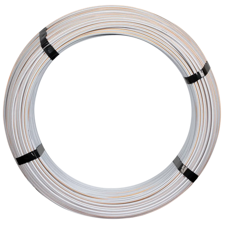 Coiled Gallagher equifence wire with black bands on a white background