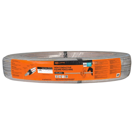 Roll of high-conductive equine fence wire with an orange label on a white background