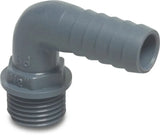 ½" M x 20mm Hose Tail, Polypropylene, 90º Elbow, Male thread x hose tail