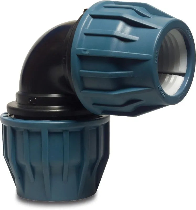 Blue and black plastic fitting for MDPE pipe