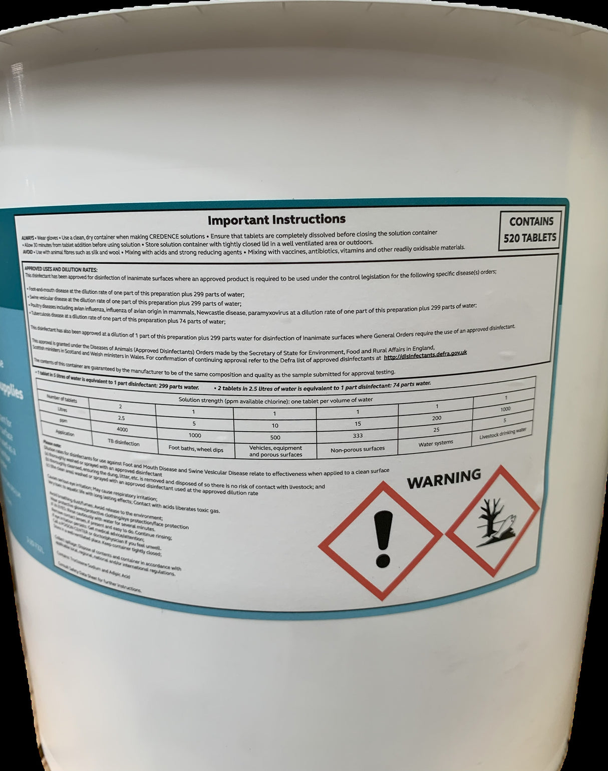 Credence 1000 | Bucket of 520 Chlorine Tablets | Dilute at 1 per 1,000lt