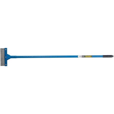 A long-handled floor scraper tool with a blue handle and metal blade. 