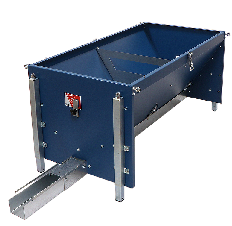 A blue Chainovation 180L detachable hopper for poultry chain feeding systems