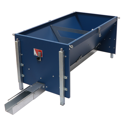 A blue Chainovation 180L detachable hopper for poultry chain feeding systems