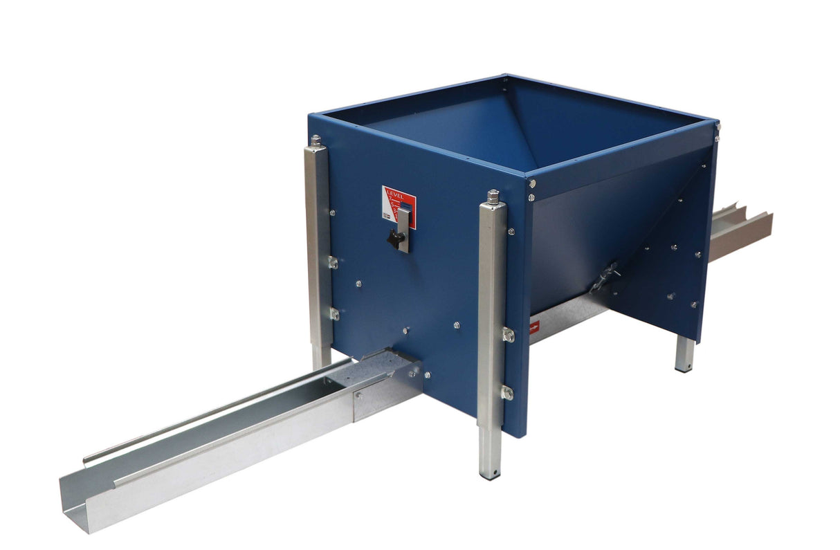 A blue Chainovation 180L detachable hopper for poultry chain feeding systems