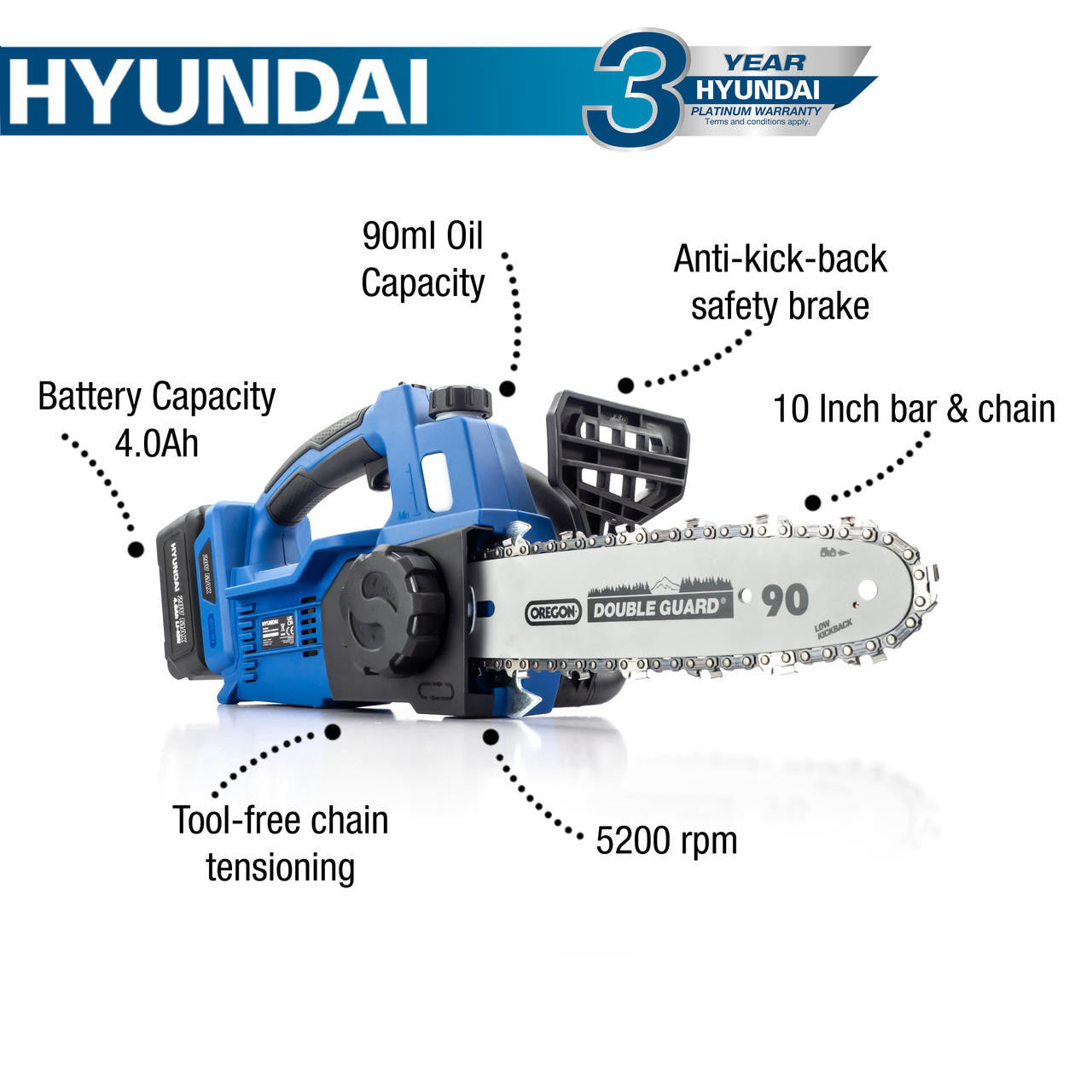 Hyundai Cordless 4Ah Chainsaw 20v lithium ion brushless li ion HY2190