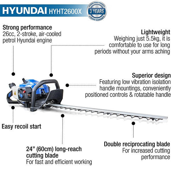 Hyundai Petrol Hedge Trimmer/Pruner, 26cc 2-stroke Easy-Start, Lightweight and Anti-Vibration, 24” (60cm) Blade by Hyundai | HYHT2600X