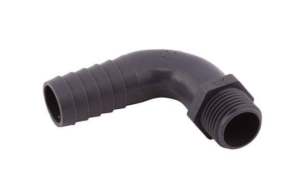 ¾" M x 20mm Hose Tail, Polypropylene, 90º Elbow, Male thread x hose tail