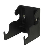 A black plastic wall bracket designed for hanging a bag hoop.
