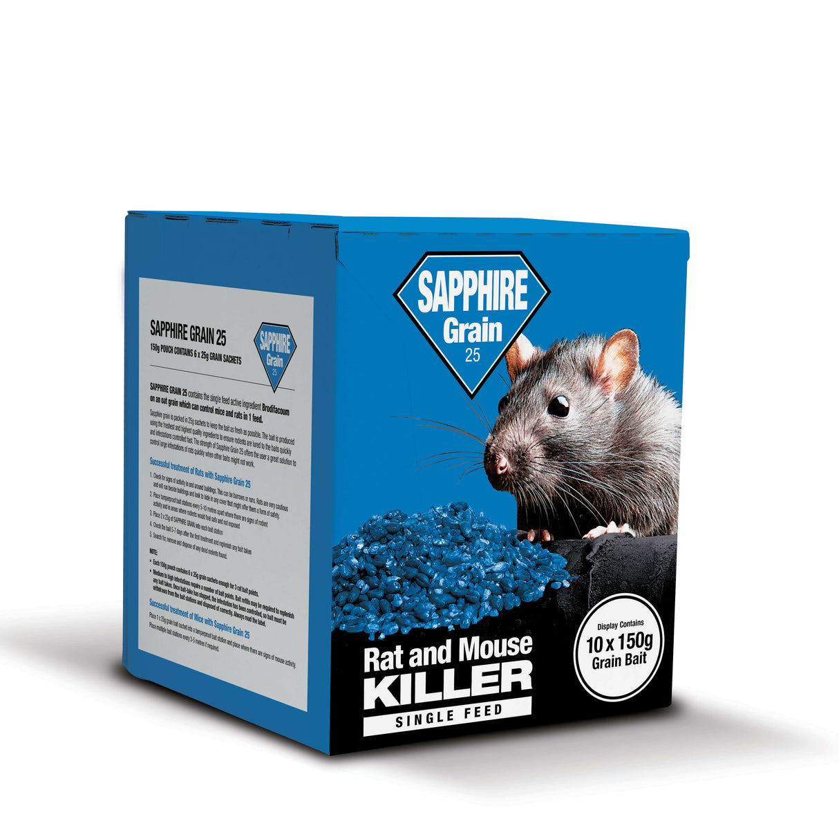 Sapphire Grain 25 - A box of 10 x 150G Pouches of 25g Sachets with a Mix of Whole & Cut Wheat Brodifacoum Based Bait